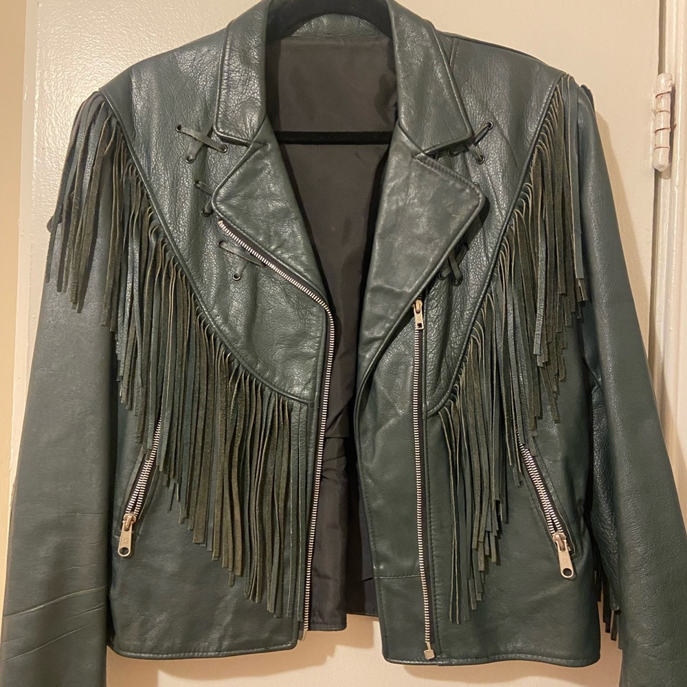 Dark Green Fringe Leather Jacket